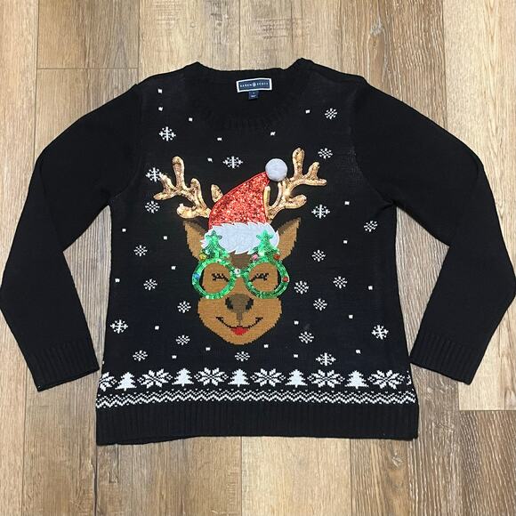Karen Scott Christmas Knit Sweater L Santa Reindeer Ugly Sweater Holiday Sequins - Picture 1 of 7